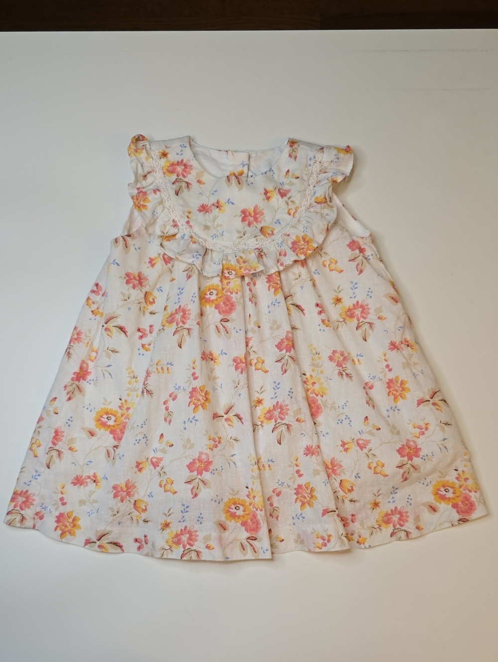 Janie and Jack White Floral Ruffle Yoke Dress with Pink & Yellow Blooms